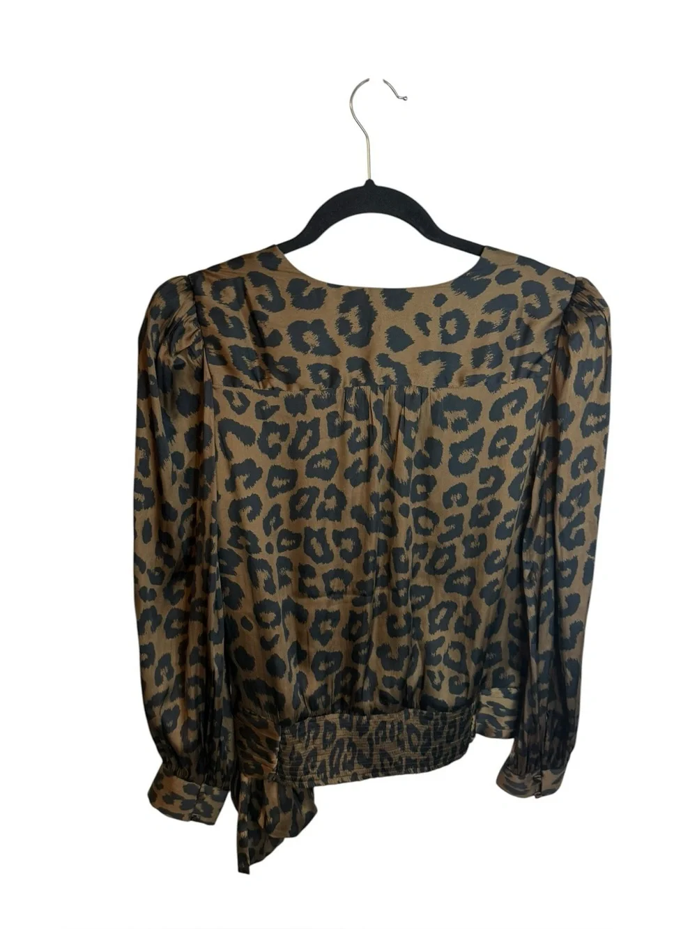 Banana Republic Black Leopard Black Puff Long Sleeve Wrap Top